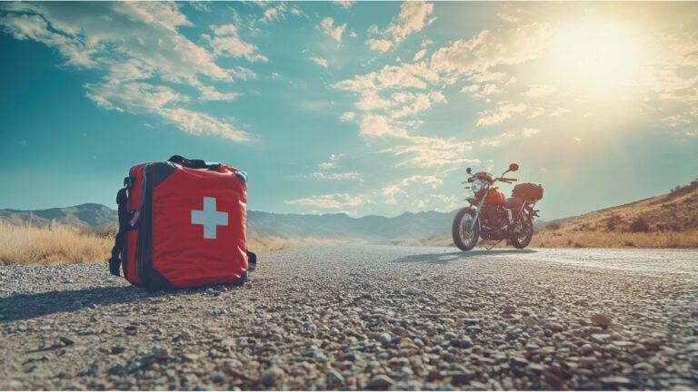 A motorcycle parked on a remote desert road under a bright sky, with a red first aid kit in the foreground—emphasising the importance of first aid for motorcyclists on long journeys.