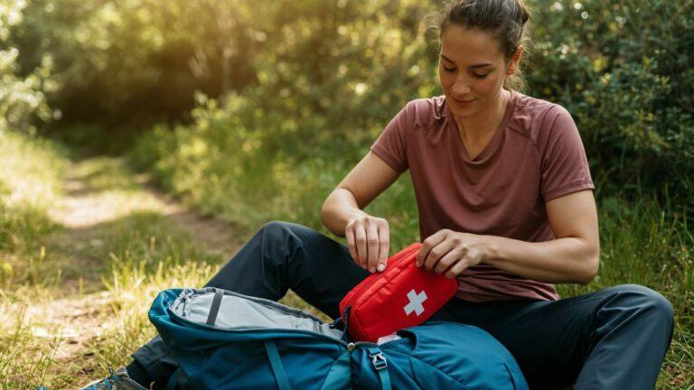 Woman sitting on a forest trail opening a hiking first aid kit from her backpack, surrounded by greenery and sunlight.