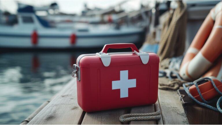 A red boat first aid kit with a white cross on the front sits securely on a wooden dock, surrounded by marine safety gear such as ropes and life buoys. In the background, boats with red and white fenders are moored at the marina, emphasizing the importance of onboard emergency preparedness.
