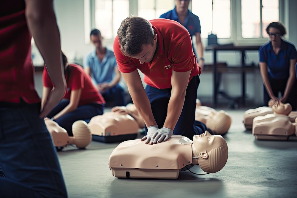 Unrecognizable male paramedic giving first aid to injured man during training