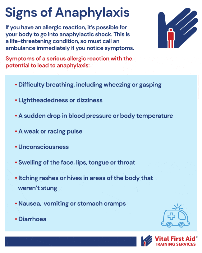 A graphic showing the symptoms leading to first aid for wasp stings, particularly if you go into anaphylactic shock