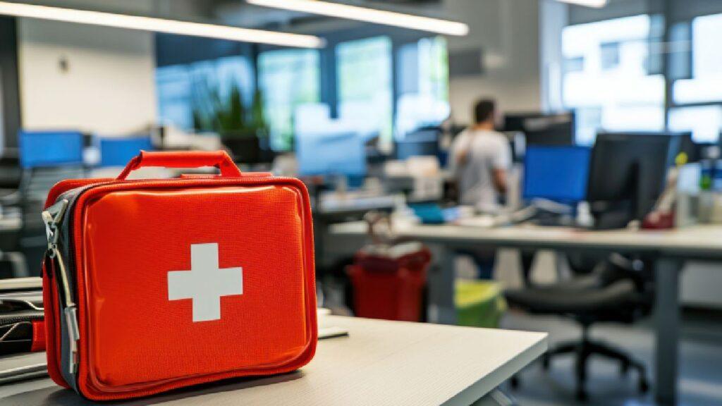 Bright red office first aid kit with a white cross symbol placed on a desk in a modern open-plan office setting.