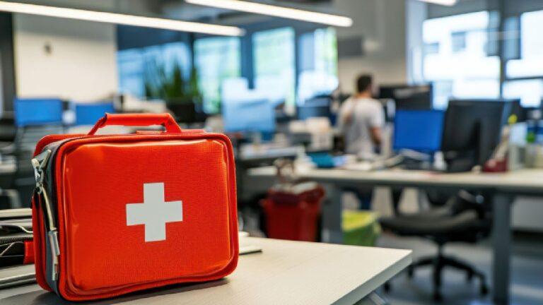 Bright red office first aid kit with a white cross symbol placed on a desk in a modern open-plan office setting.